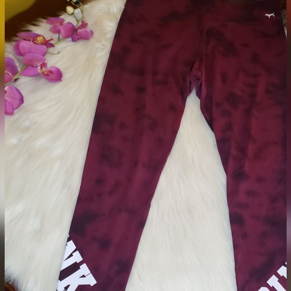 PINK Victoria’s Secret Large Maroon Tie Dye High Rise Cotton Yoga  Logo Leggings - Picture 11 of 11